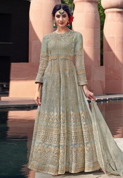 Light green net embroidered long anarkali suit  1641